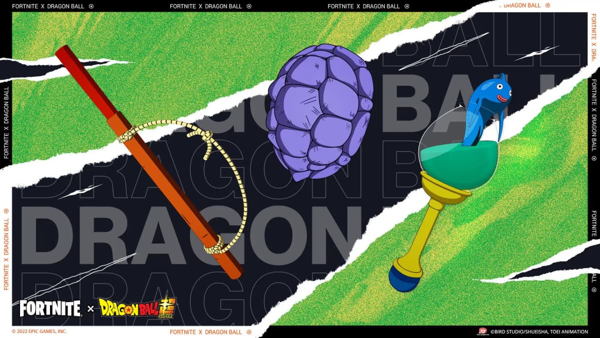 Objets issus du monde de Dragon Ball : le Power Pole (Nyoibo - Bâton Magique) donné par le grand-père de Son Goku à Goku, la carapace de tortue de Kamesennin (Tortue Géniale), le poisson volant prophète de Beerus.