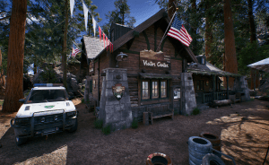 Une maison en bois et en pierre représentant l'accueil des visiteurs, avec un 4x4 de Police, dans un endroit boisé. Encore de beaux effets graphiques.