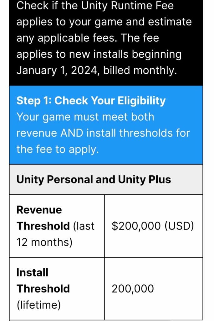 Scandale Unity Engine - barême des prix valable au 1er janvier 2024. TestMoiJeuxVideo.Fr - Unity Engine.Blog 01