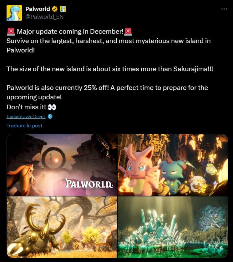 Tweet officiel PalWorld DLC décembre 2024. Actu-jeux.com