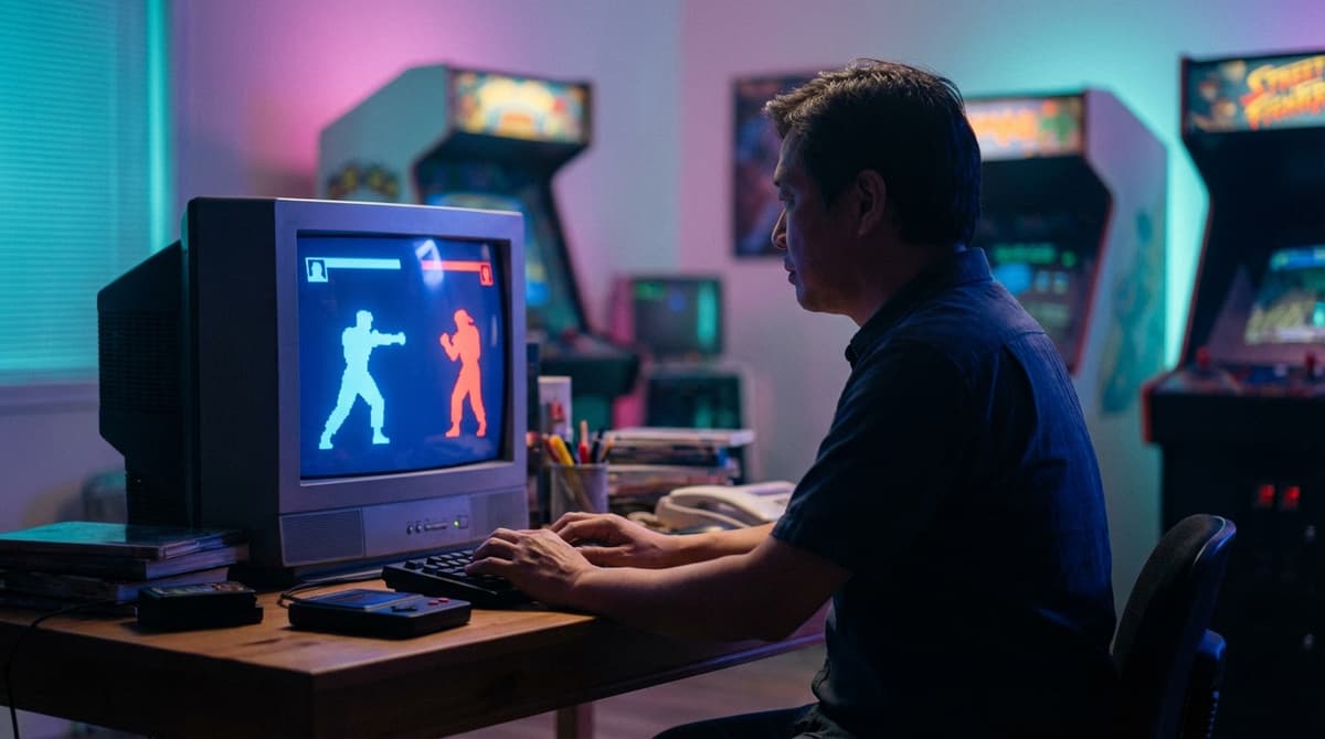 Illustration hommage évoquant la carrière de Kishimoto devant un écran CRT.