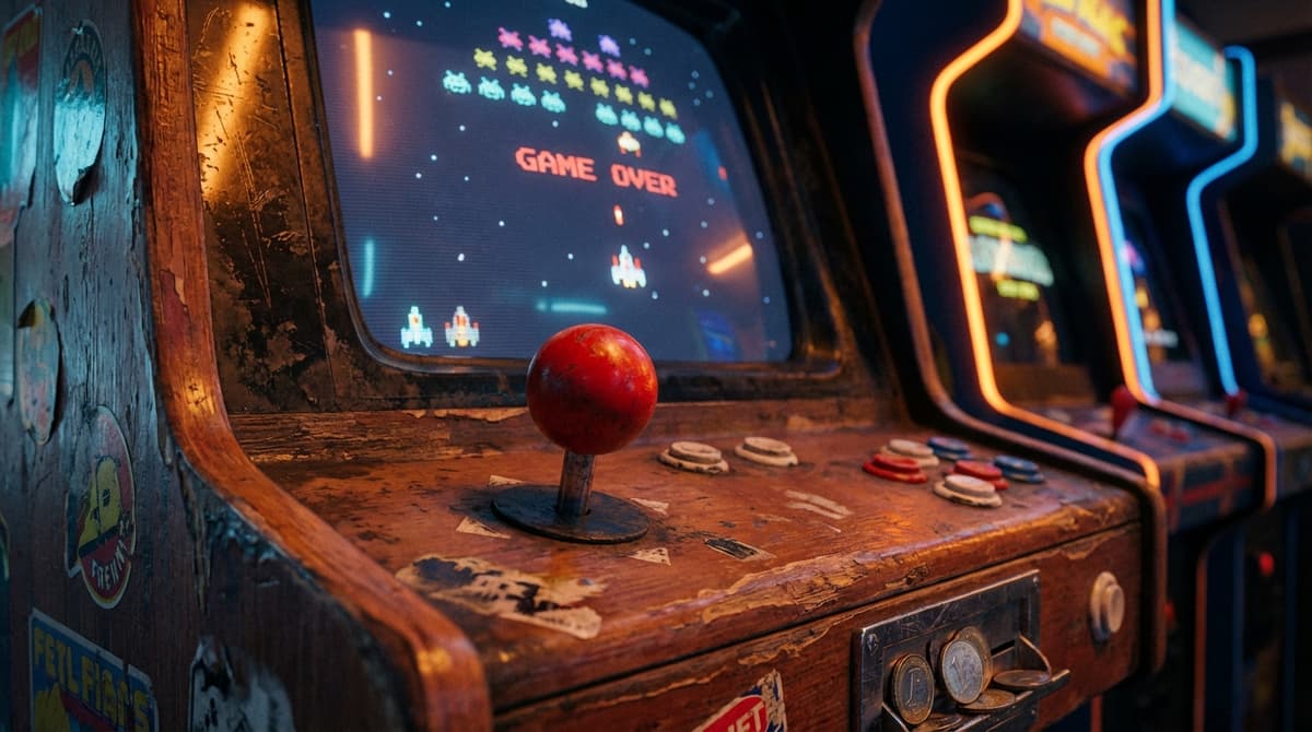 Détail nostalgique d'une borne d'arcade illustrant l'impact de Kishimoto sur le jeu d'arcade.