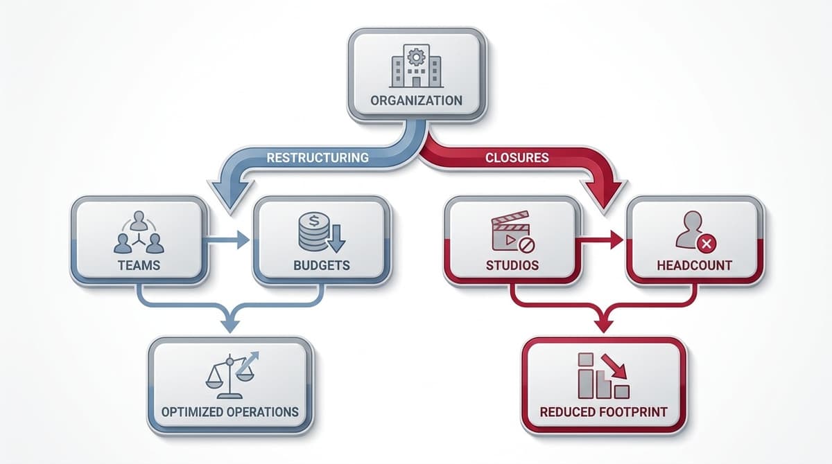 Übersichtsdiagramm zu den erwarteten Einschnitten (Entlassungen/Budget/Studio-Closure)