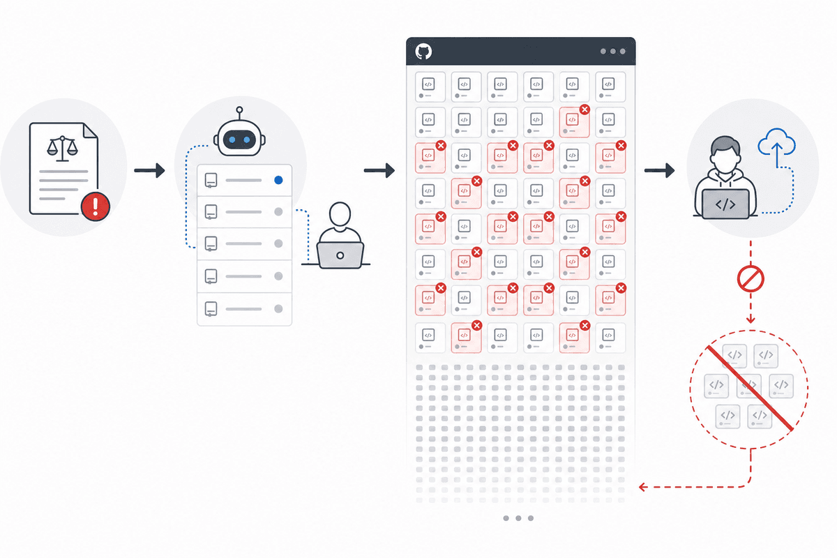 Visual flow of a DMCA takedown process and the large-scale removal of emulator repos.