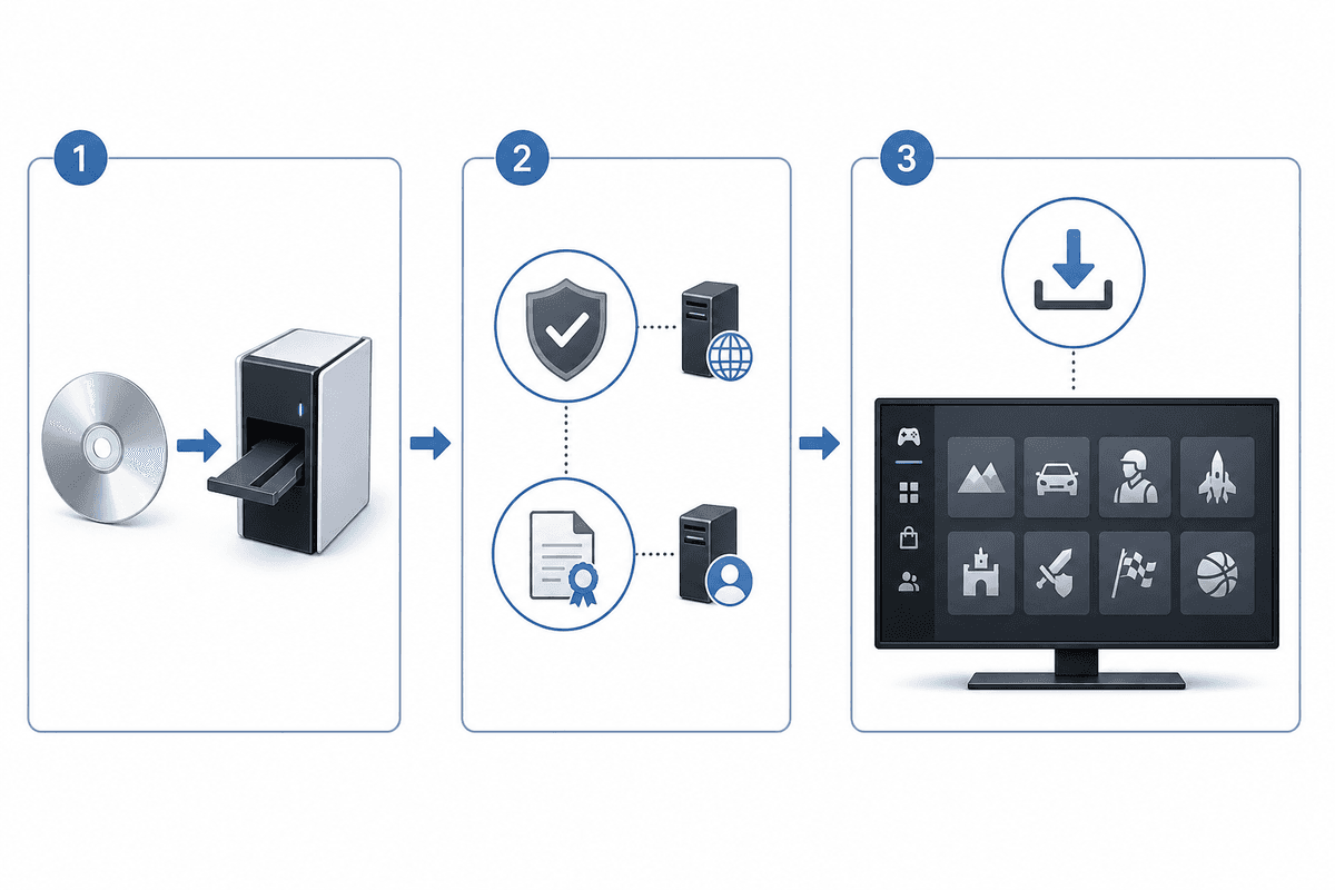 Conversion pipeline from disc verification to digital license and download.