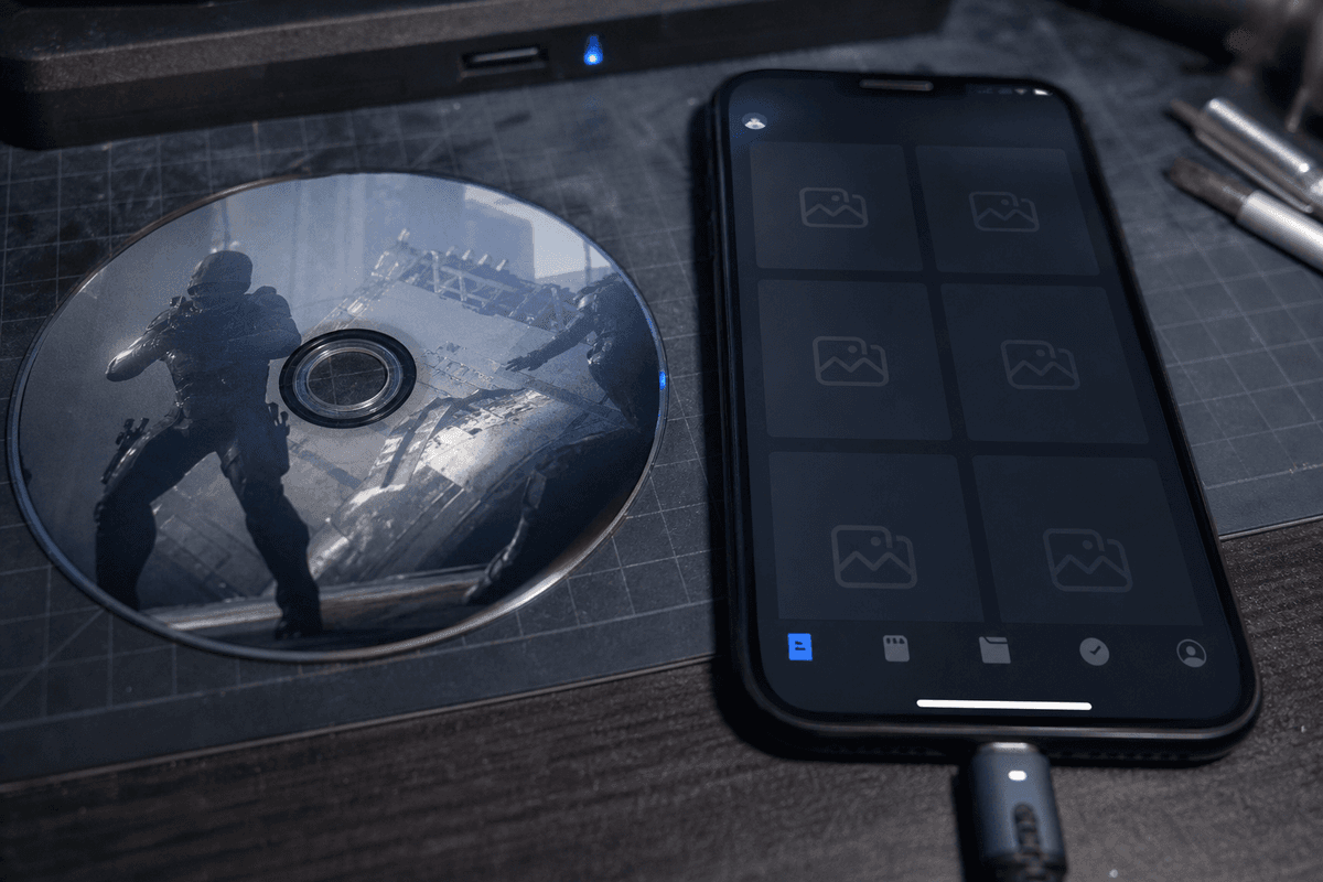 Physical disc paired with digitization imagery for preservation context (no logos/text).