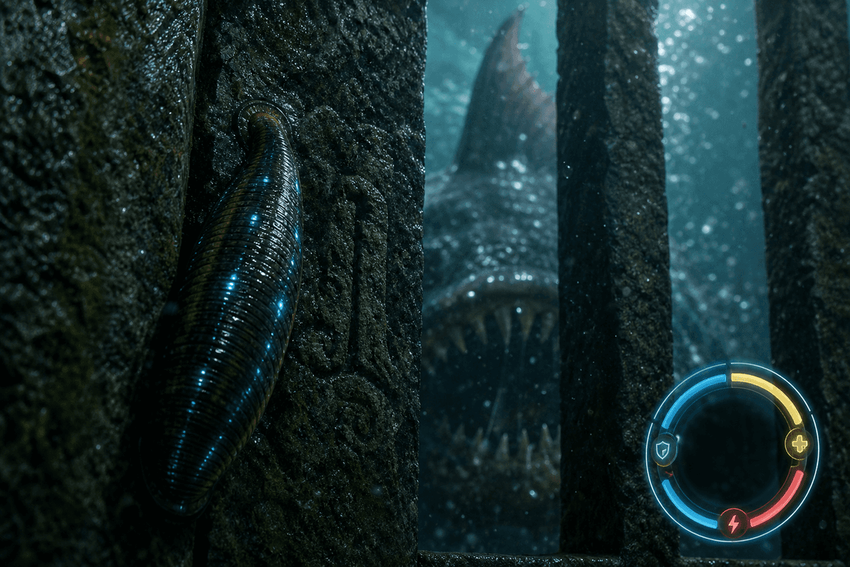 Mood image emphasizing the leech gate and the looming Giant Piranha boss.