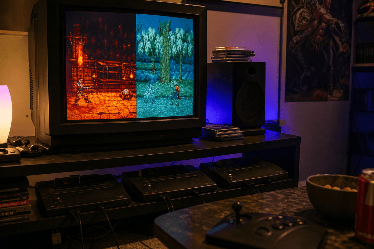 Contexte gaming rétro autour des consoles AES+
