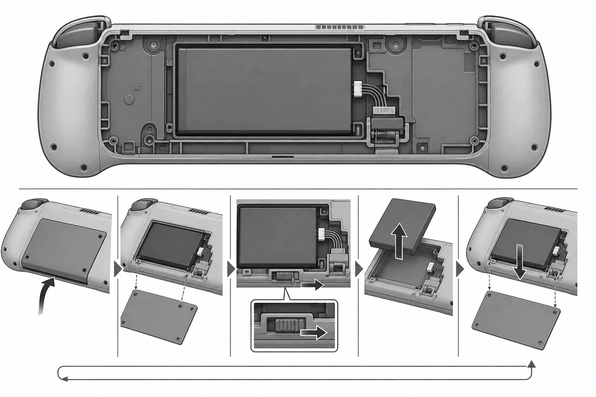 Cross-section view of the battery module removal and reinstallation mechanism.