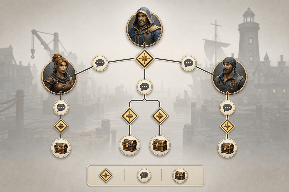 Quest progression and member-quest relationships visualized with icon-only nodes