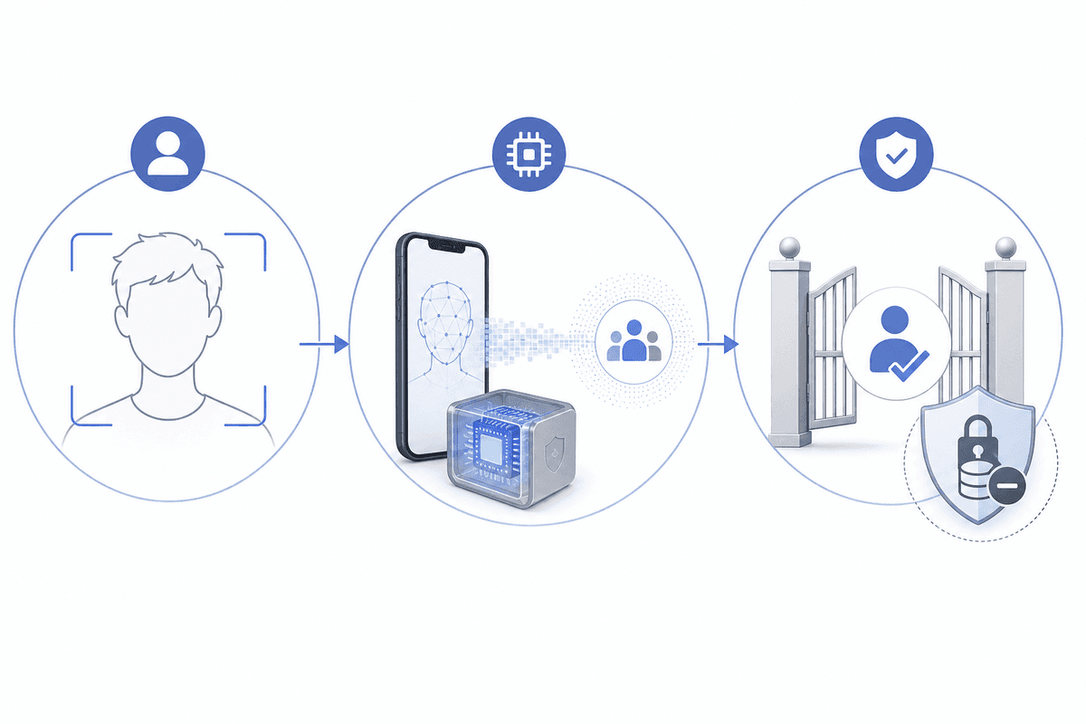 Three-step workflow for privacy-preserving age-group estimation and access control.