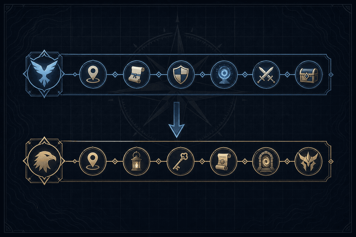 Step-by-step quest stage flow without text overlays.