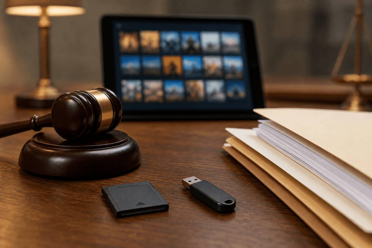 Legal dispute framing: documents, gavel, and contrast between physical and digital media