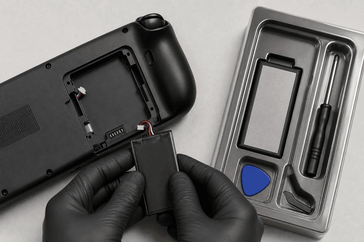 User swapping the removable battery using a dedicated battery pack from a swap kit.