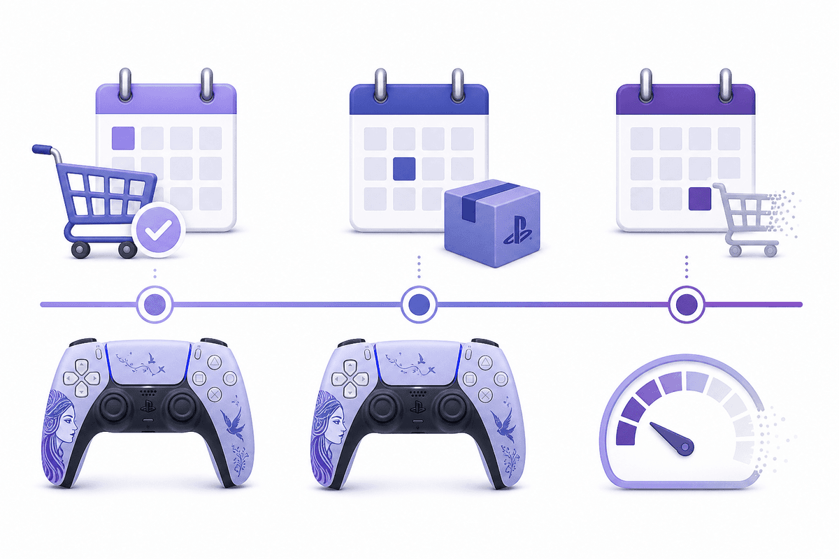 Clear visual timeline of preorder and sell-out milestones without text.