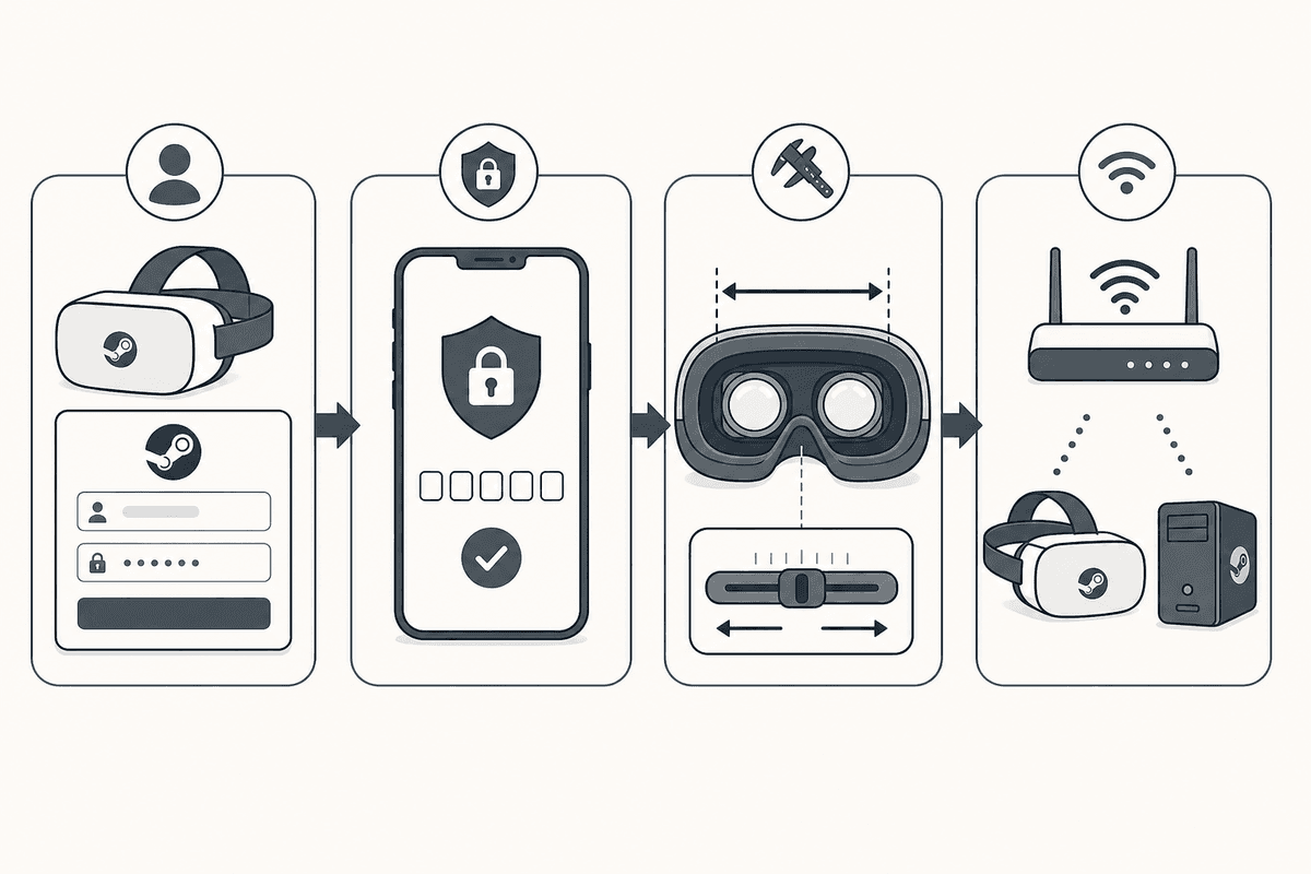 End-to-end setup flow from authentication to wireless streaming (icon-only).