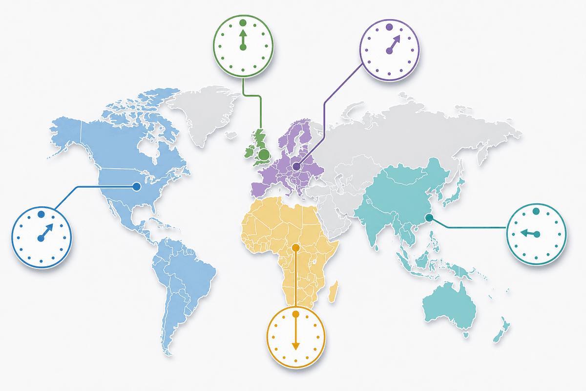 Schéma des horaires par région via une carte et des repères d’horloge.