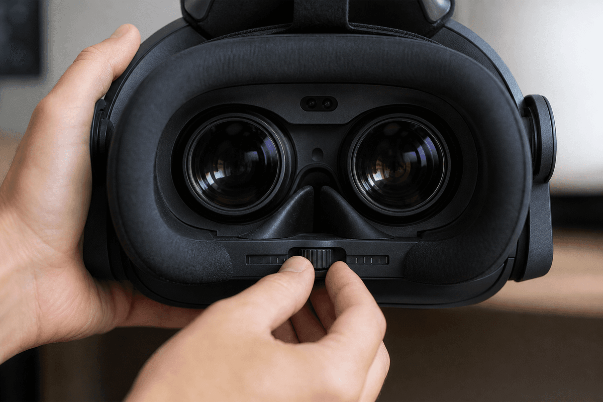 Hands-on IPD fit adjustment and optical alignment (no branding/text).