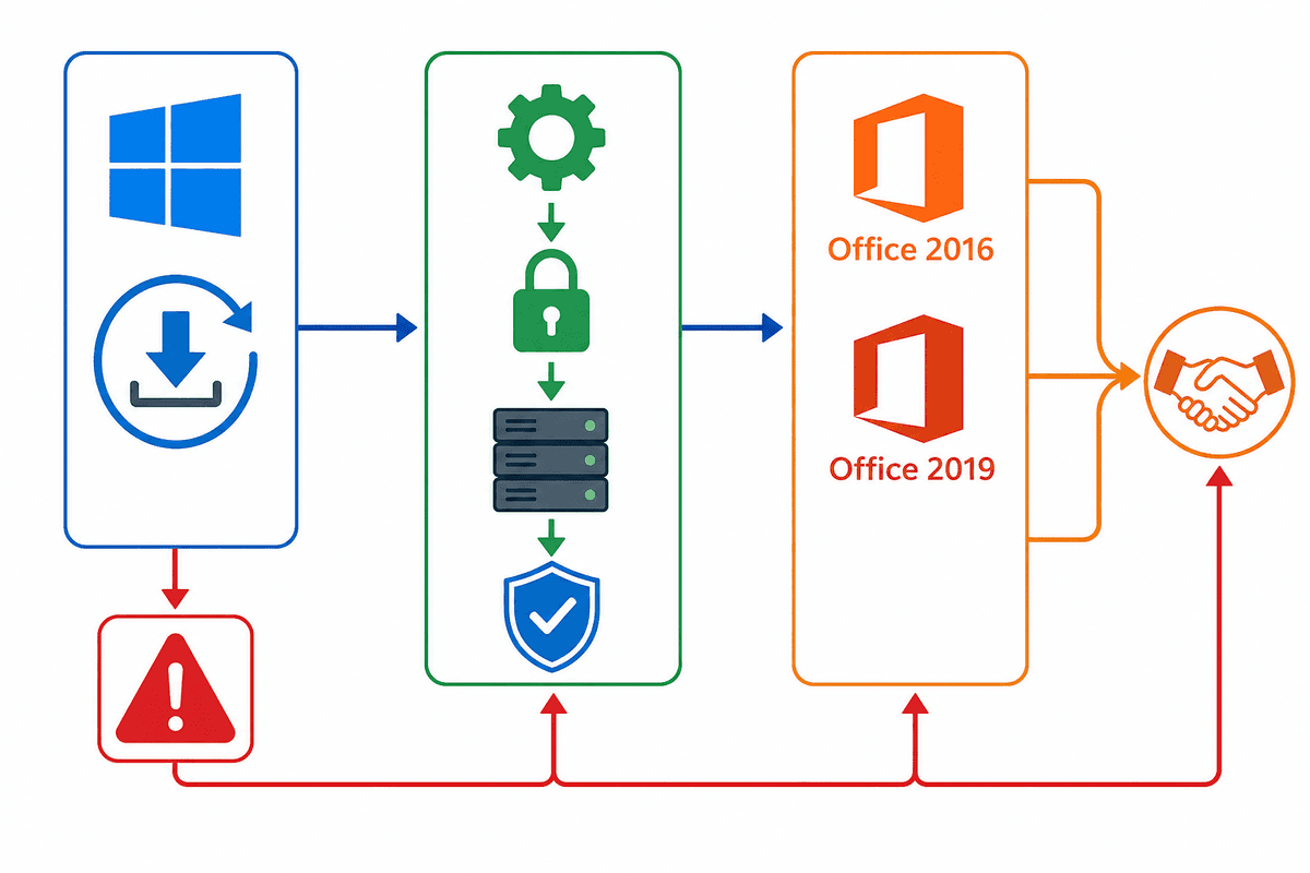 Flowchart showing how a Windows KB update can disrupt Office activation handshake and how diagnostics/retries resolve it.