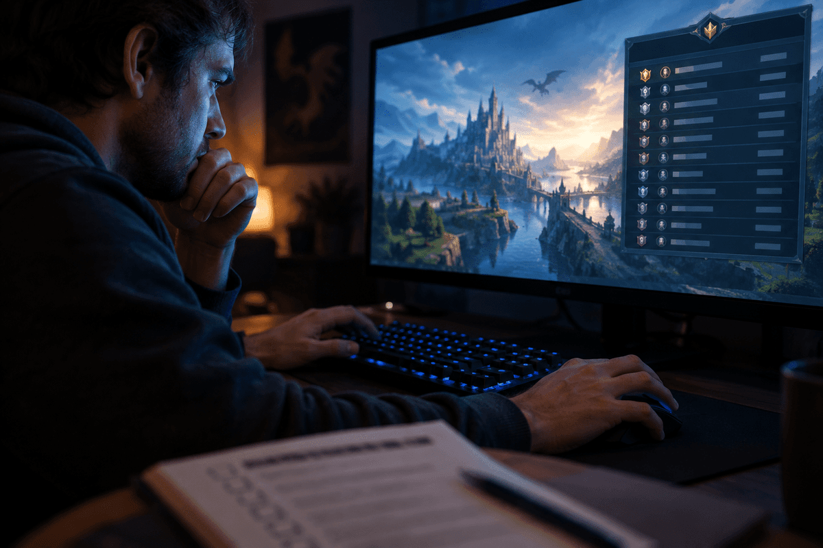 Community reaction and concerns represented through a thoughtful gamer perspective and abstract UI.