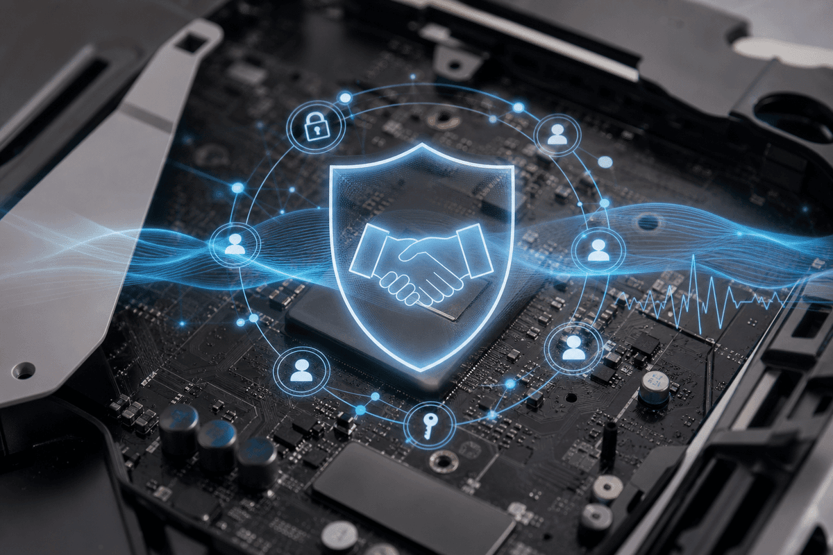 Security and stability fix concept illustrated via secure network handshake and stability waveform.