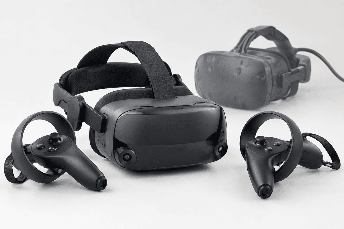 Comparison of an older tethered VR headset and a newer standalone model.
