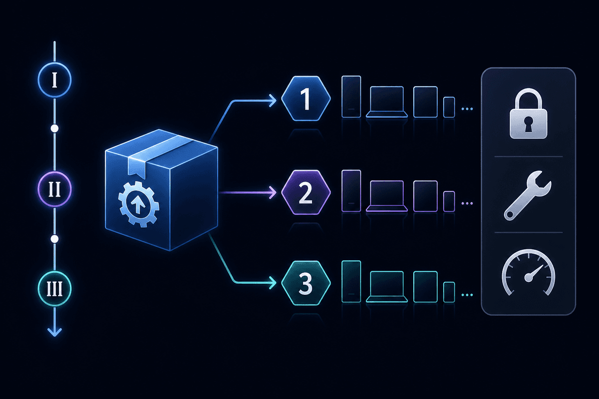 Phased rollout illustration with security and stability patch indicators.