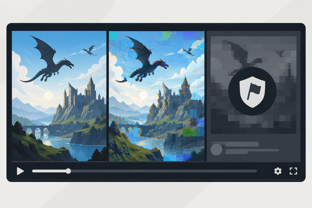Illustrated sequence showing how generative AI artifacts could trigger review and removal.